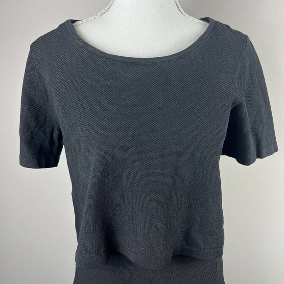 Sandro Paris Black Short Sleeve Dress Size 3 40 US 8 Overlay Stretchy - Picture 2 of 14